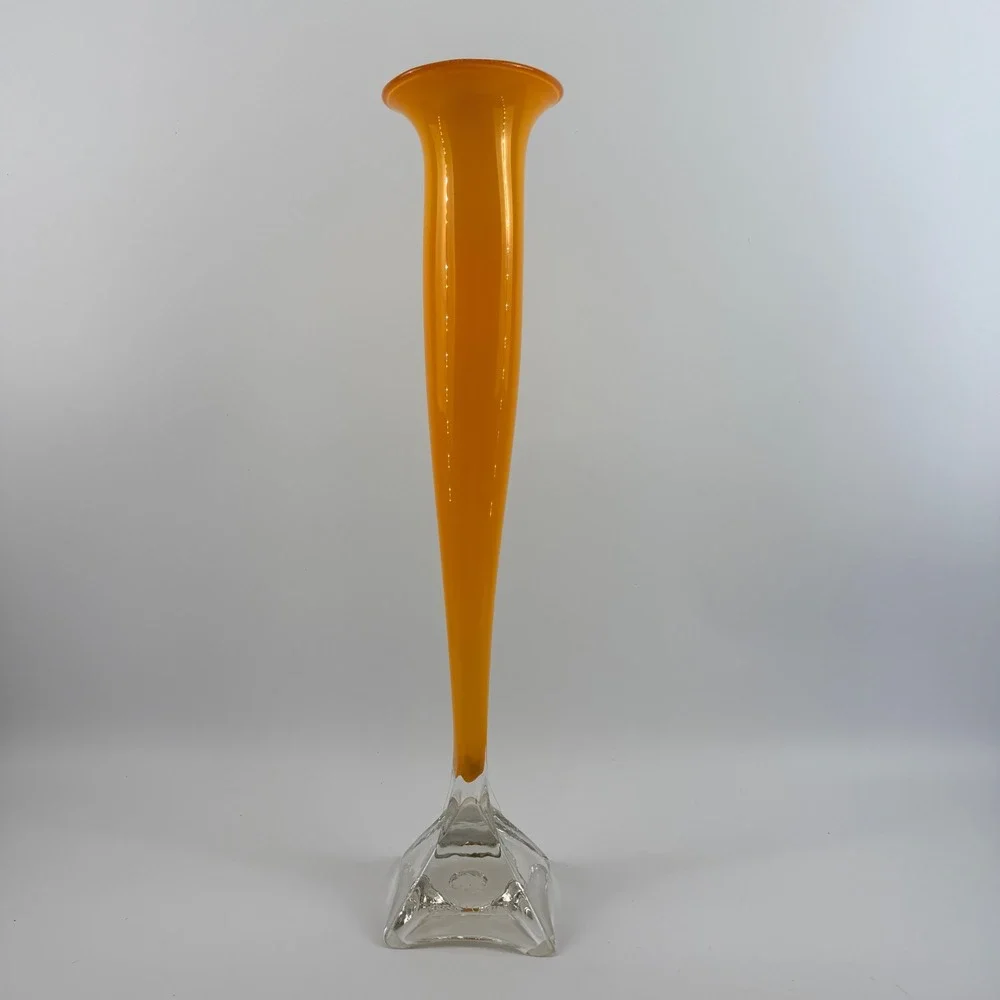 Willsea | O'Brien Orange Art Glass Trumpet Vase Signed Clear Crystal Base